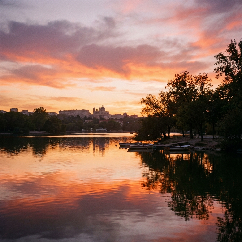 Casa de Campo lake at sunset with orange and pink colors reflecting in the calm water and Madrid skyline visible in the distance