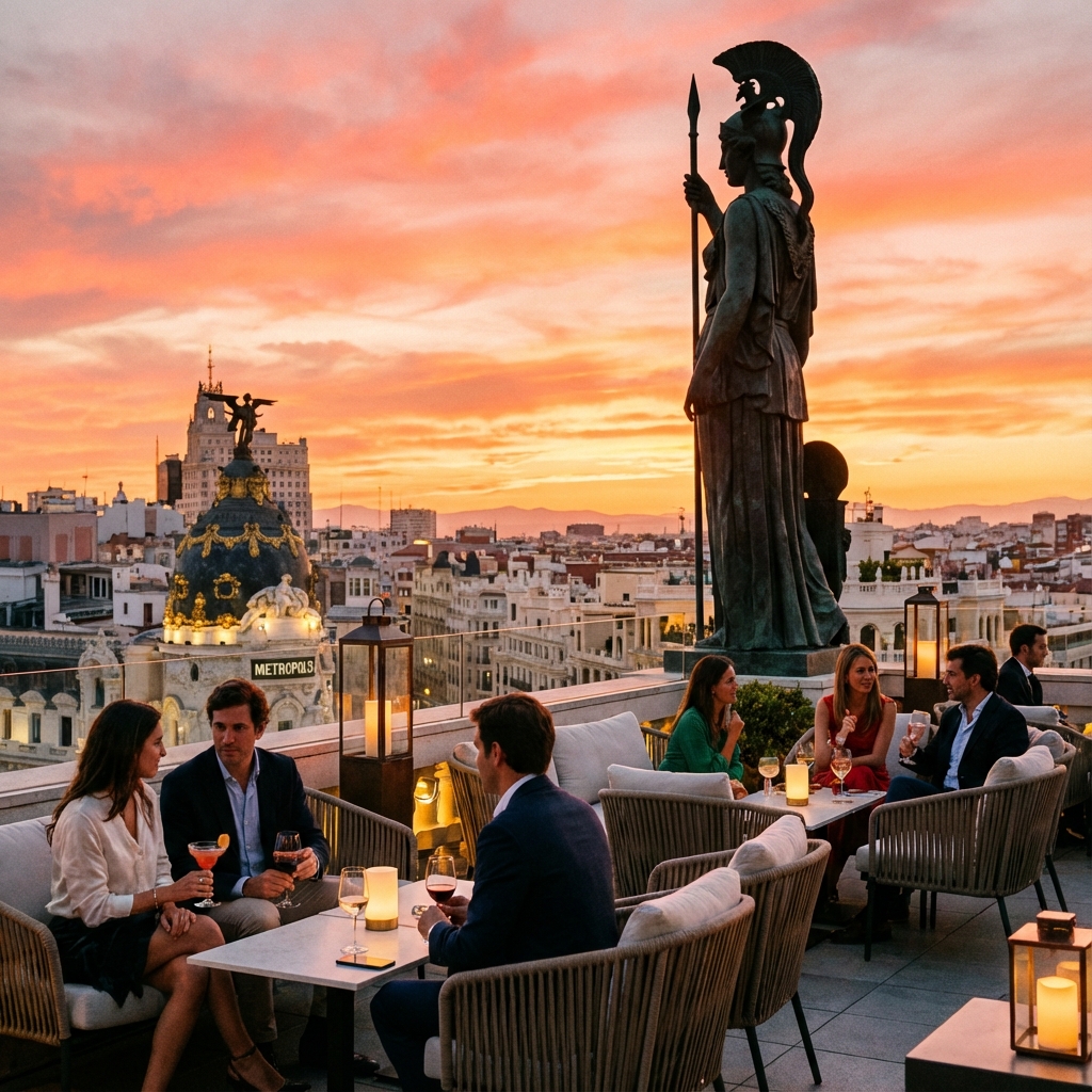 Sunset view of Gran Vía from Círculo de Bellas Artes rooftop with Minerva statue in Madrid