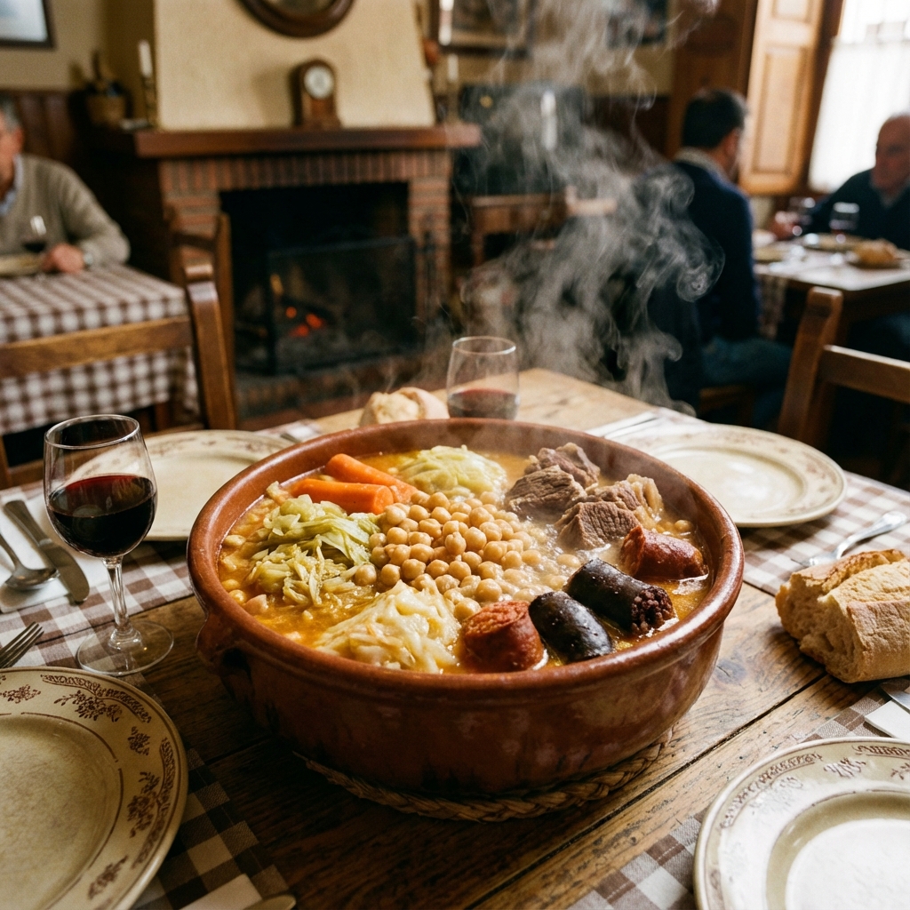 Traditional Cocido Madrileño in a clay pot