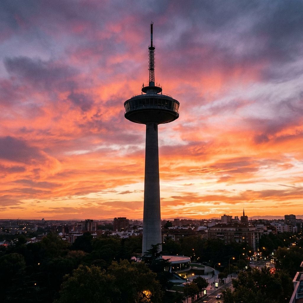 Faro de Moncloa observation tower against colorful sunset sky with orange and pink clouds over Madrid