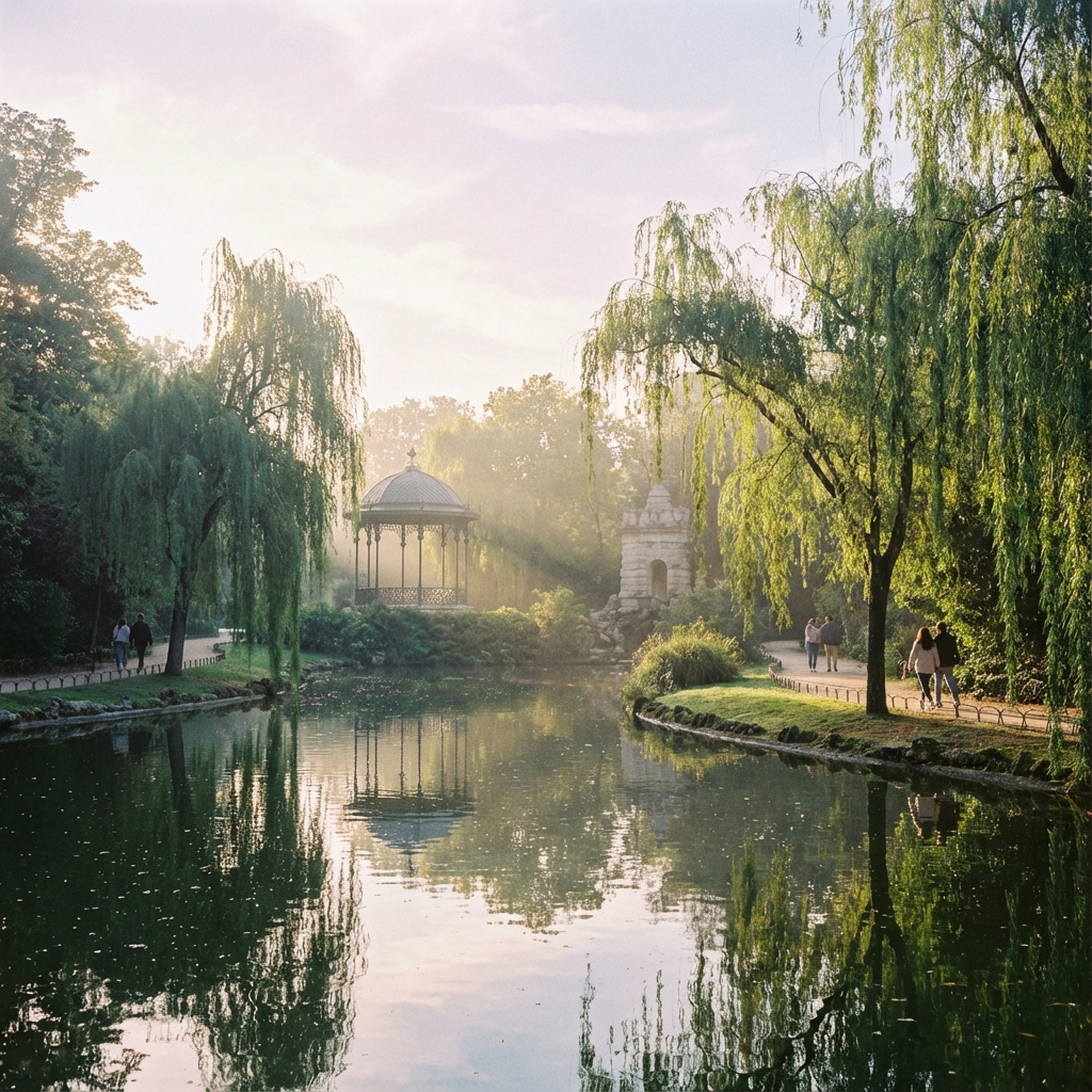 El Capricho romantic garden with lake, weeping willows and pavilion