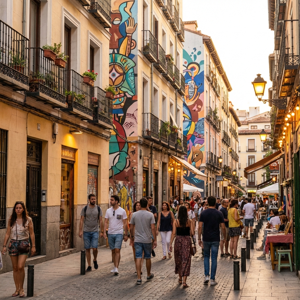 Lavapiés street with urban art murals and traditional balconies