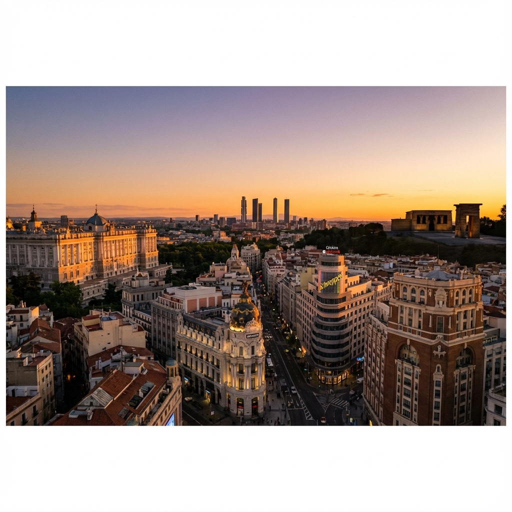 Panoramic view of Madrid at sunset