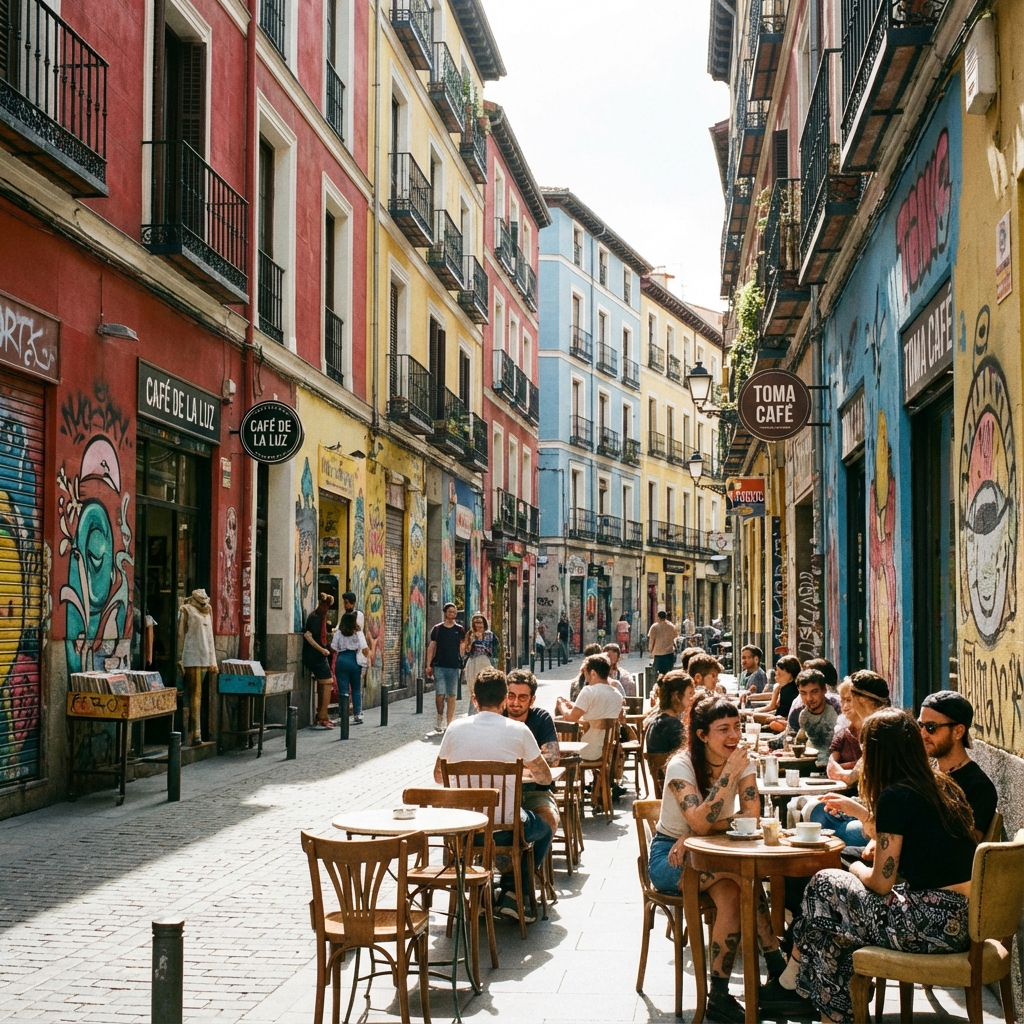 Malasaña street with terraces and graffiti