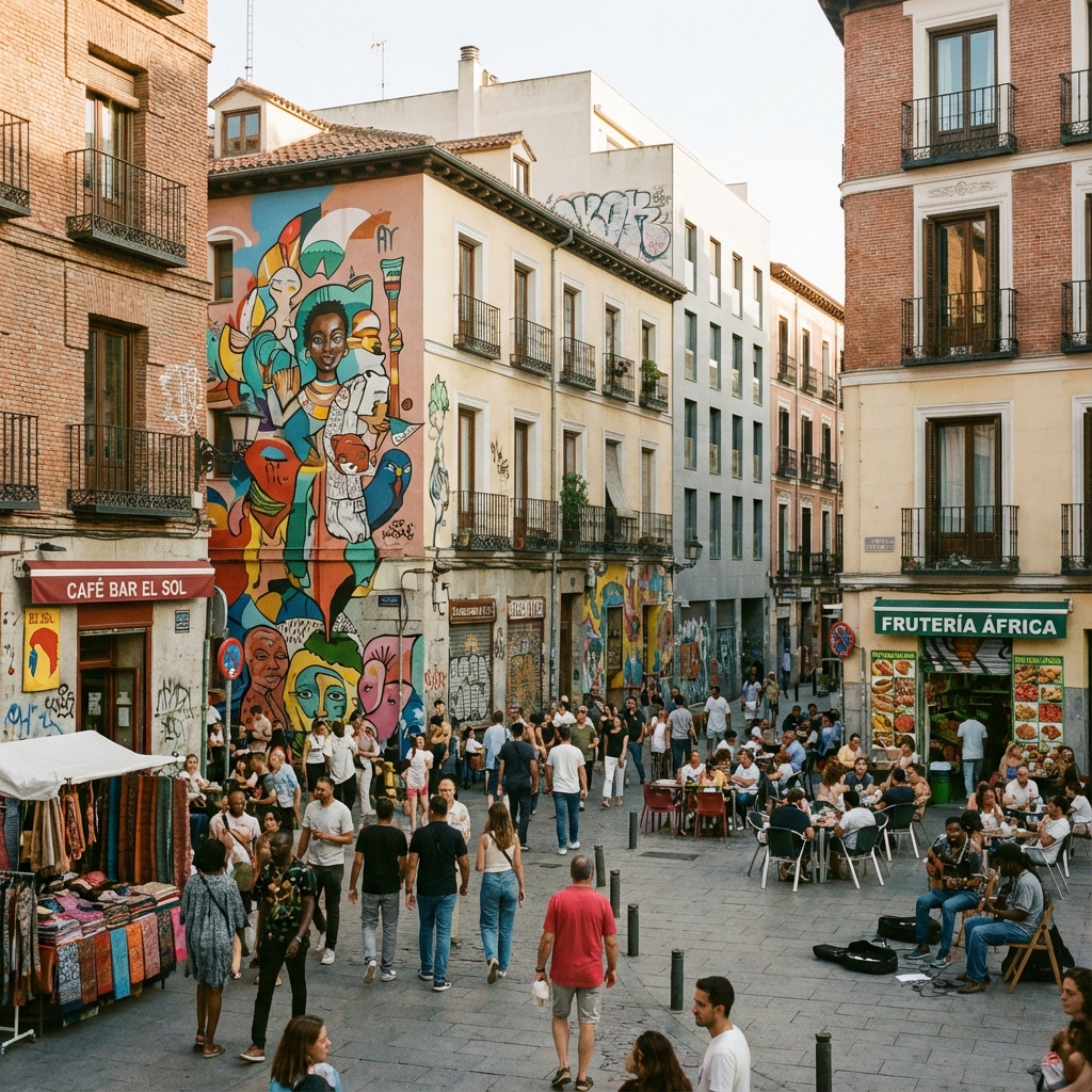 Lavapiés street with murals and street art
