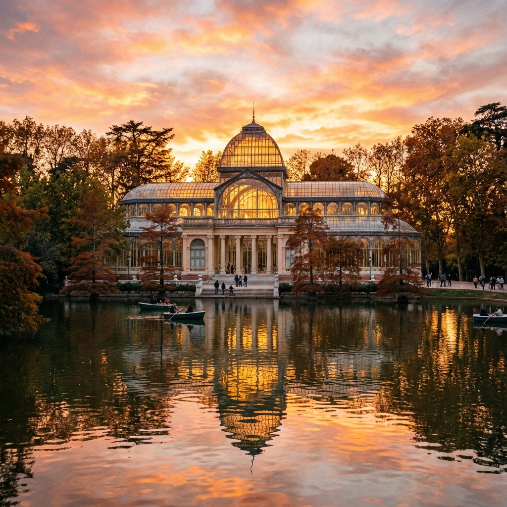 Crystal Palace in Retiro Park illuminated by golden sunset light, perfectly reflected in the lake with autumn trees surrounding