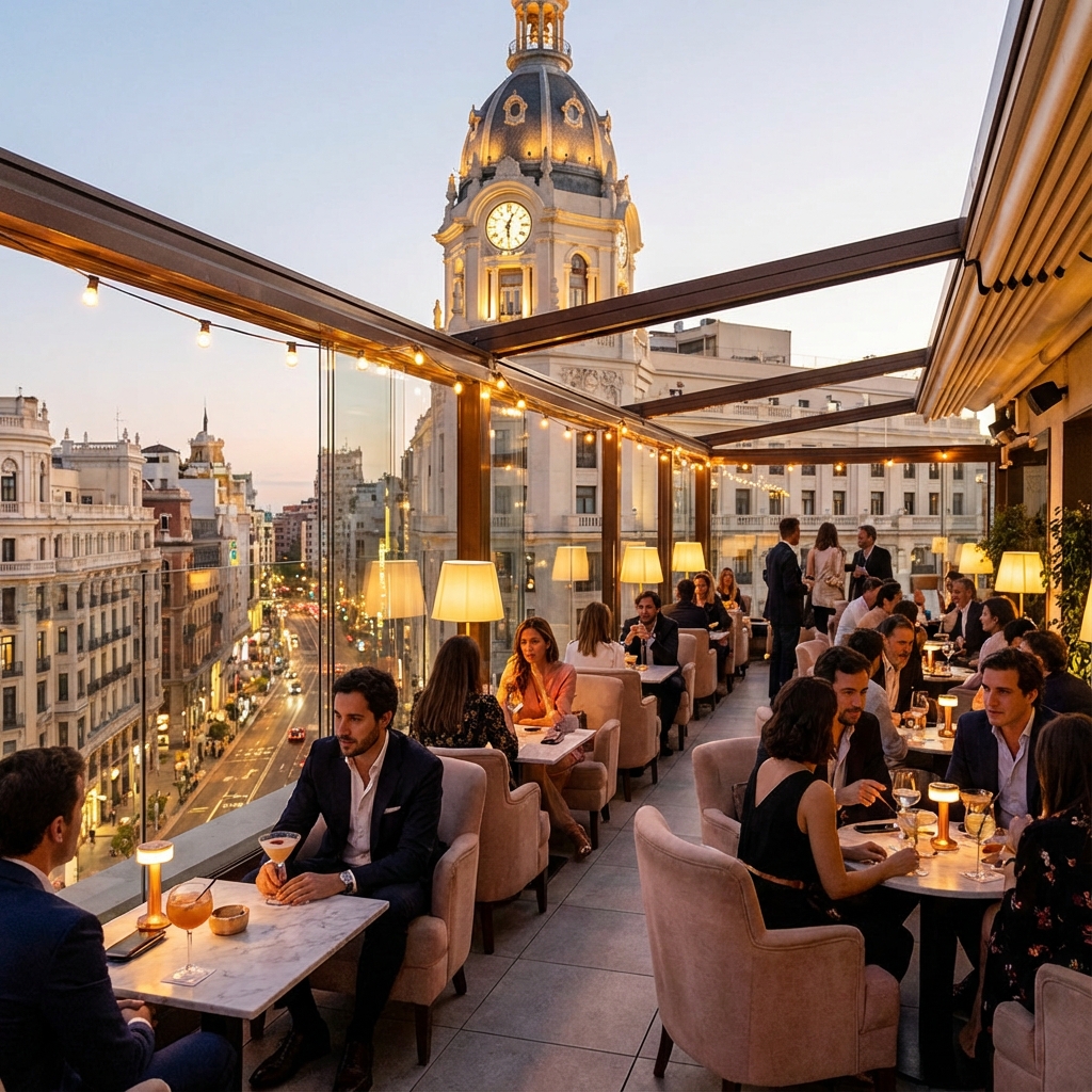 Picalagartos Sky Bar terrace at dusk with Telefónica building and Gran Vía views in Madrid