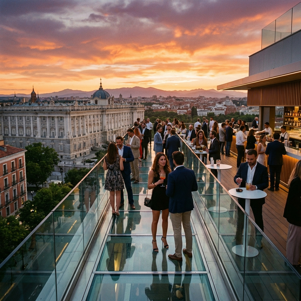 Glass walkway at Riu 360º rooftop bar overlooking Royal Palace at golden hour in Madrid