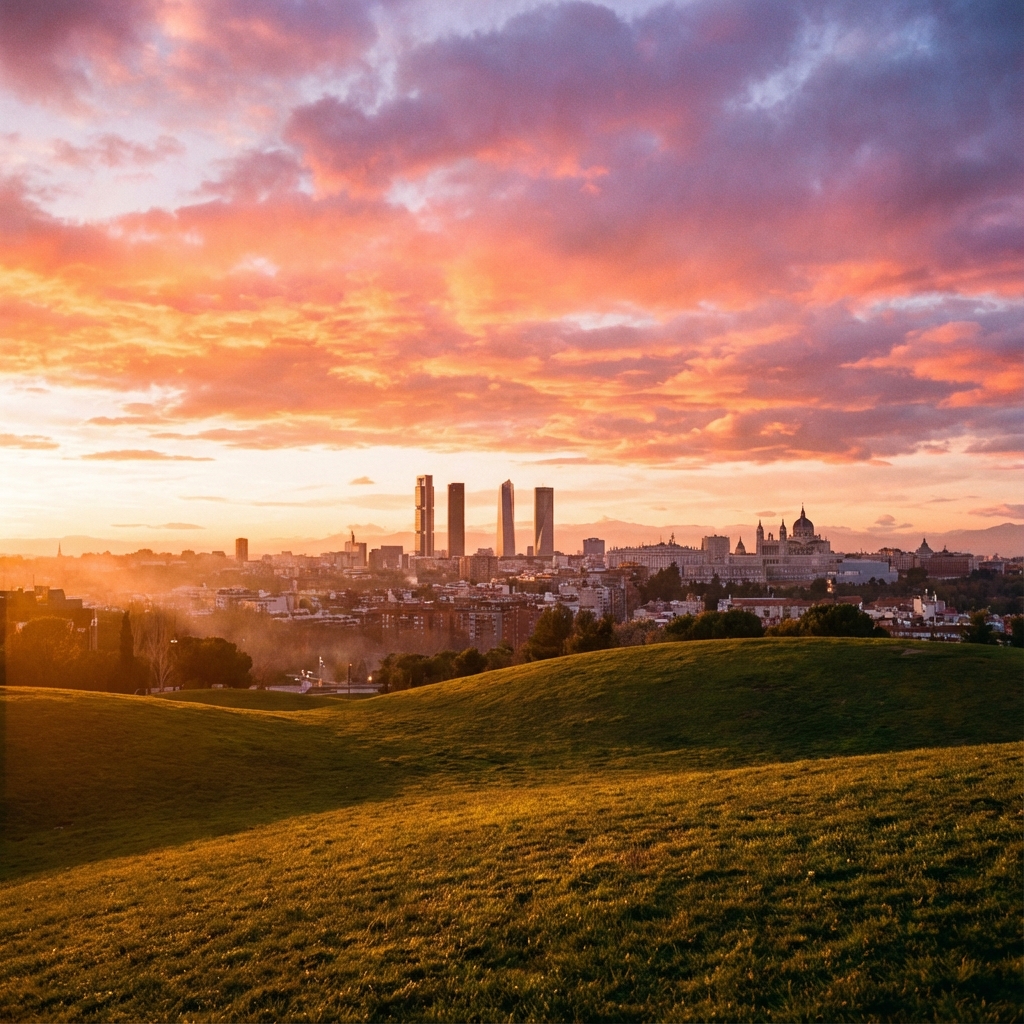 Panoramic sunset view from Parque de las Siete Tetas with rolling green hills in foreground and Madrid skyline with towers in the distance