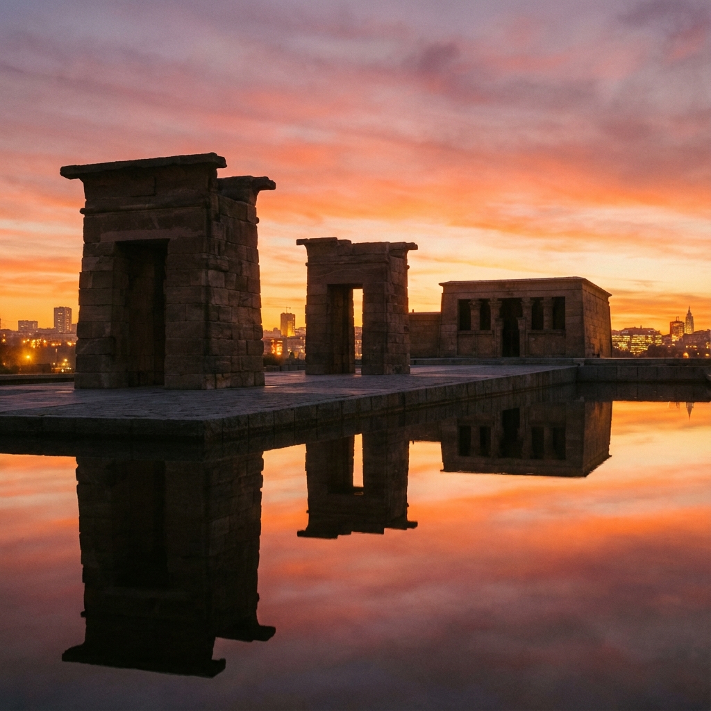 Temple of Debod at sunset with orange and pink sky reflected in the pool, silhouette of the Egyptian temple with Madrid skyline in background
