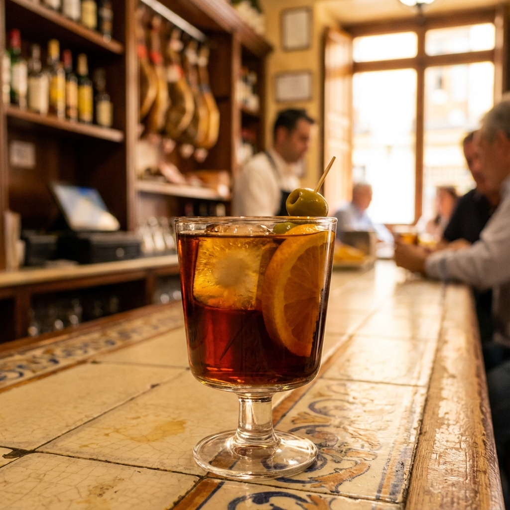 Traditional Madrid vermouth served with orange and olive