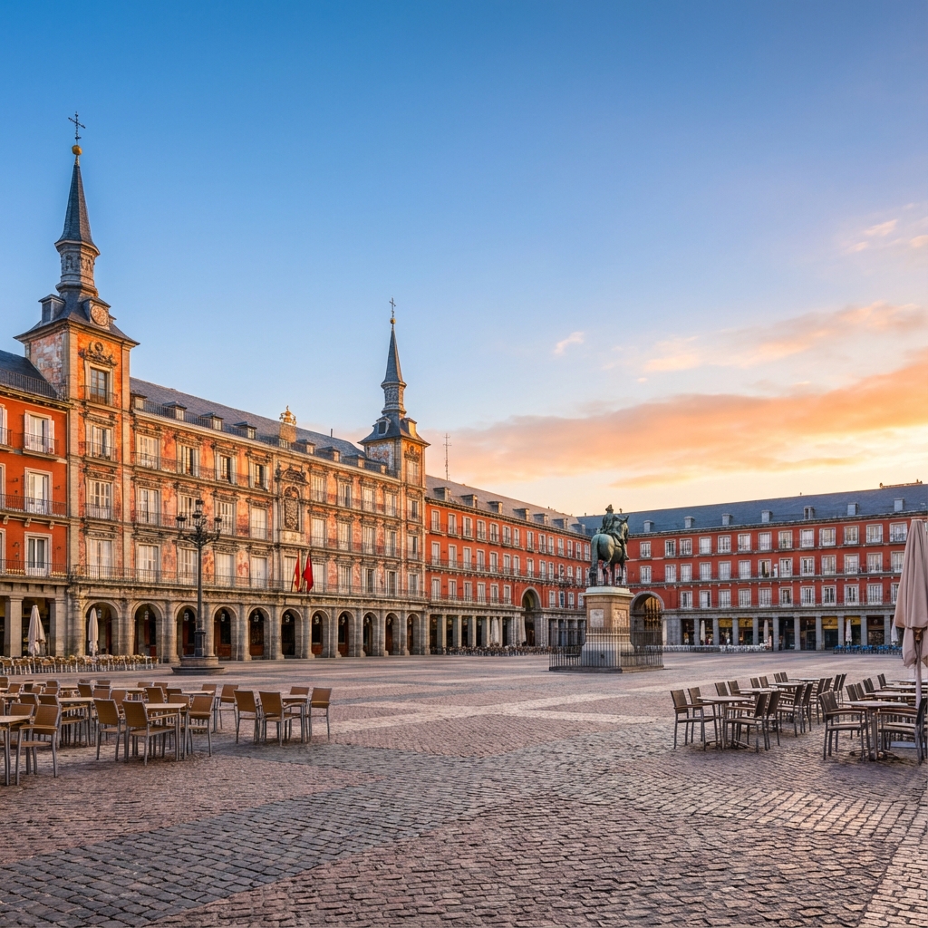 Plaza Mayor in Madrid at sunset with Philip III statue