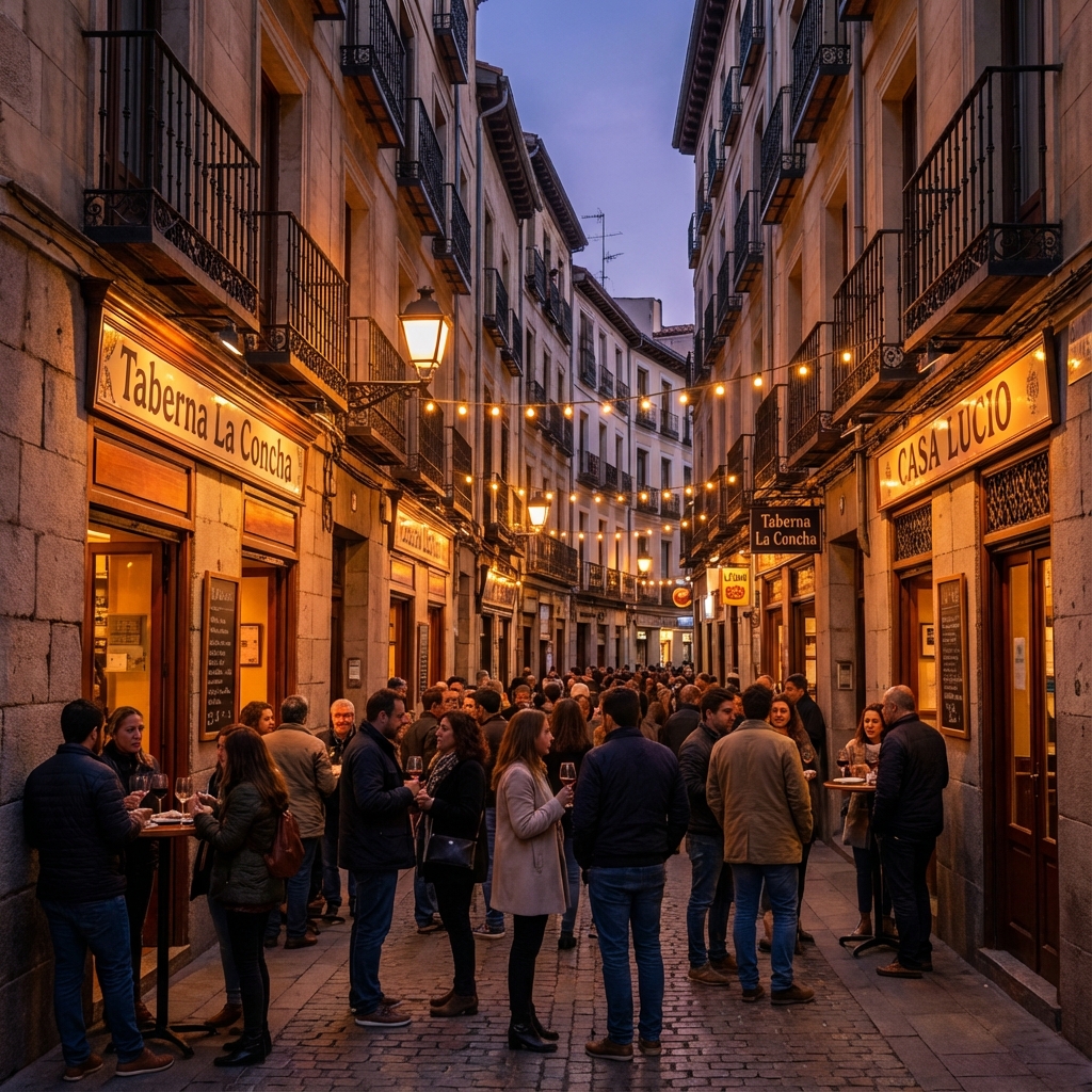 Cava Baja at dusk with people at tapas bar terraces