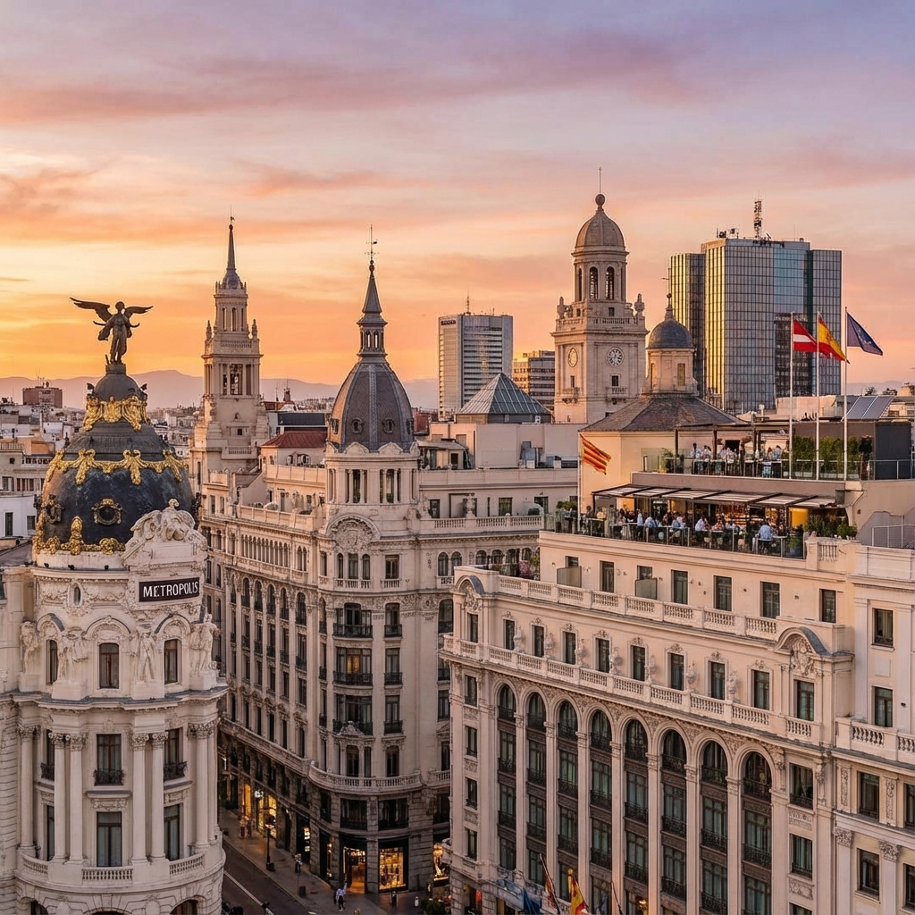 Panoramic view of Madrid hotels at sunset